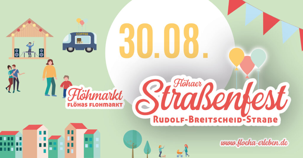 Logo des Straßenfestes mit Häuser, einer Bühne, Menschen jung und alt, Kindern und einem Kaffeeverkauf. Girlanden und Luftballons runden das Bild ab.